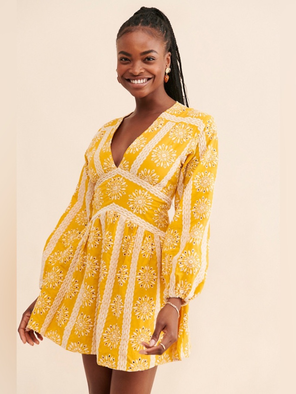 Harni Alexia Mini Dress Eyelet Gold Yellow Bohemian Medium UK 12 EUC